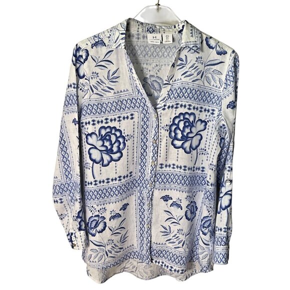 H by Halston Women’s Small Linen Blue White Floral Blouse - Picture 1 of 9